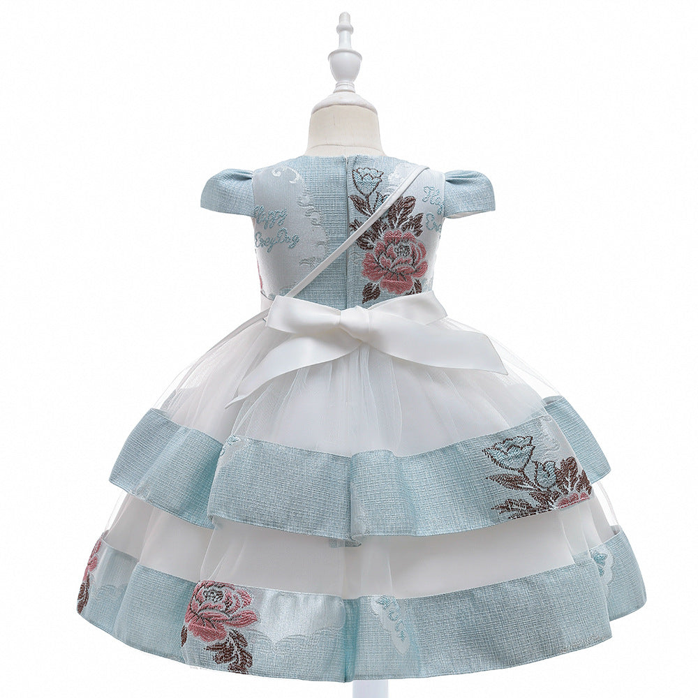 Autumn and winter dress blue embroidery bow