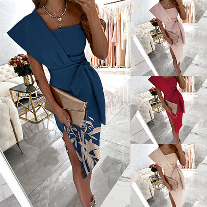 Slanted Shoulder Mid-length Solid Color Dress