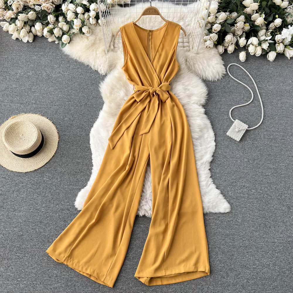 Fashionable Ladies Temperament V-neck Sleeveless Jumpsuit With Waist