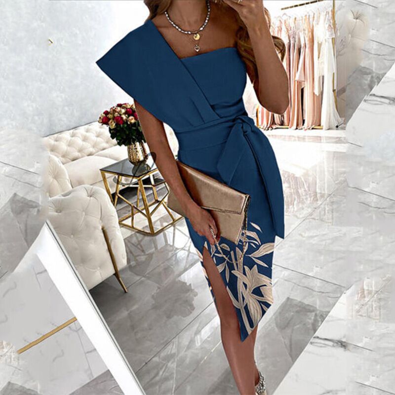 Slanted Shoulder Mid-length Solid Color Dress