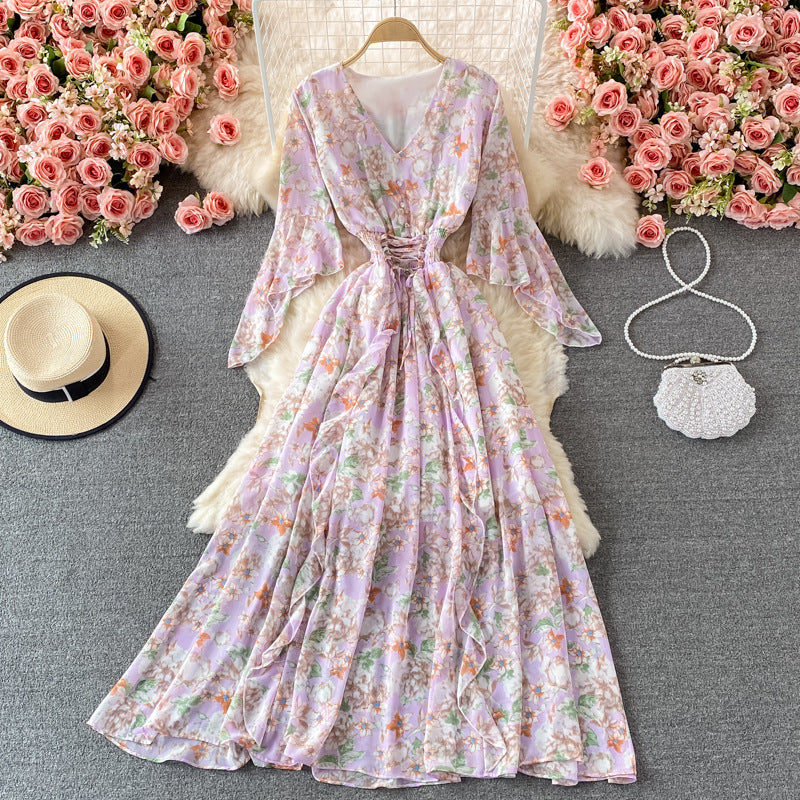 Women's Fashionable V-neck Floral Chiffon Dress