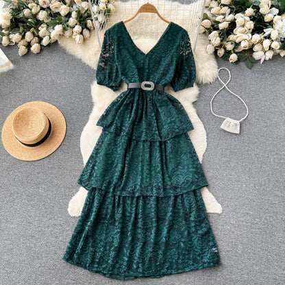 V Neck Dress With Lace Up Waist For Women