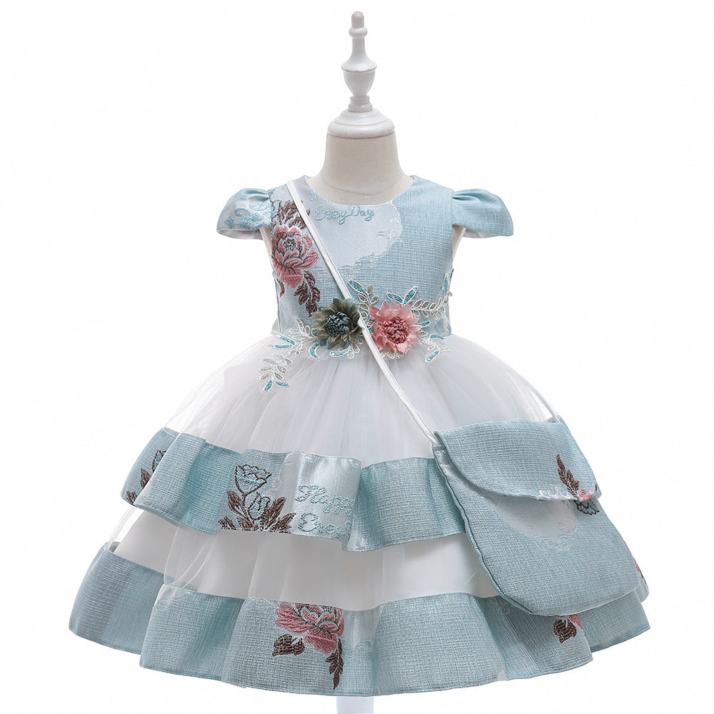 Autumn and winter dress blue embroidery bow