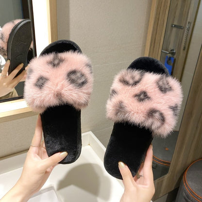 PVC word leopard wool slippers women