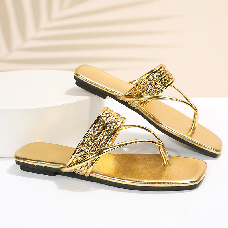 Gold Flat Sandals Summer Flip Flops Beach Shoes Non-slip Slides