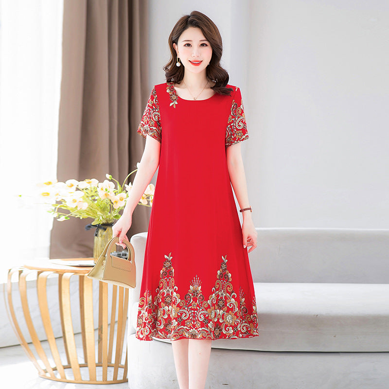 Middle-aged And Elderly Mother's Short-sleeved Printed Dress