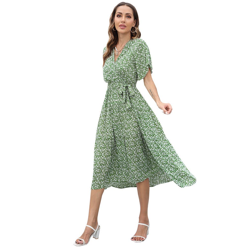 European And American Style V-neck Ruffle Women's High Waist Floral Dress