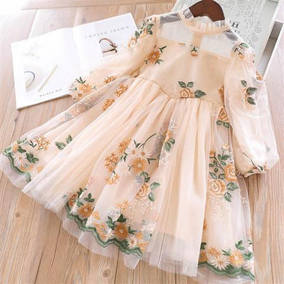 Girl's Long-sleeved Dress Spring And Autumn Lace Flower Embroidery