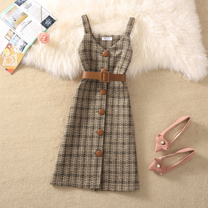 Women's Temperament Retro Plaid Dress Two Piece