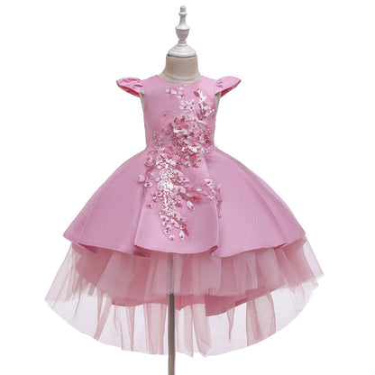 Princess Dress Short-sleeved Embroidery Tail Piano Performance Costume Wedding Flower Girl Skirt Dress