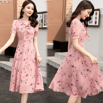 Thai Style Fashionable Printed Short Sleeve V-neck Elegant Dress Cinched Plus Size A- Line Skirt