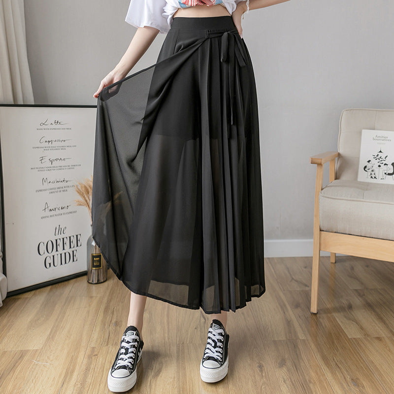 Pleated Chiffon Cropped Elastic Waist Casual Pants Pantskirt