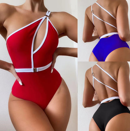 Ladies One Piece Solid Color Swimsuit Belt Swimsuit