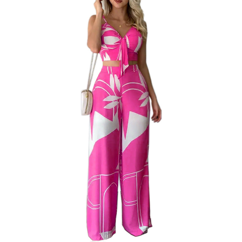 Bandeau Tie Loose Wide Leg Pants Print Set