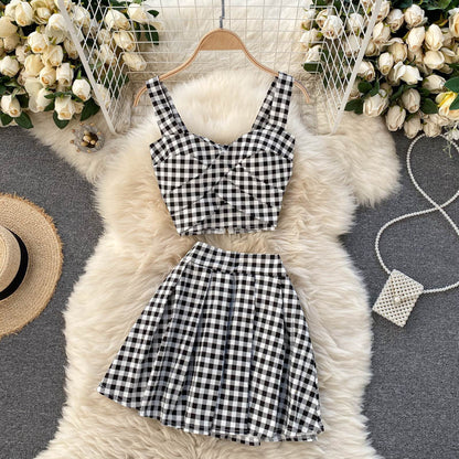 Camisole Top High Waist Pleated Short Skirt Two Piece Set