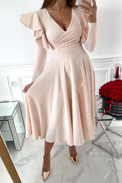 Autumn And Winter Long Sleeved V Neck Ruffled Waist Dress Women's