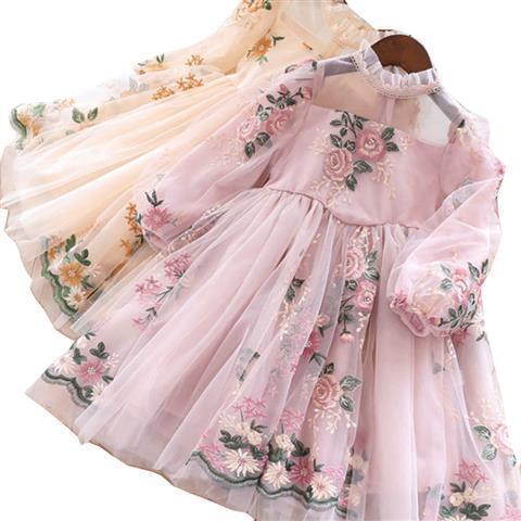 Girl's Long-sleeved Dress Spring And Autumn Lace Flower Embroidery