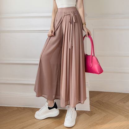 Pleated Chiffon Cropped Elastic Waist Casual Pants Pantskirt