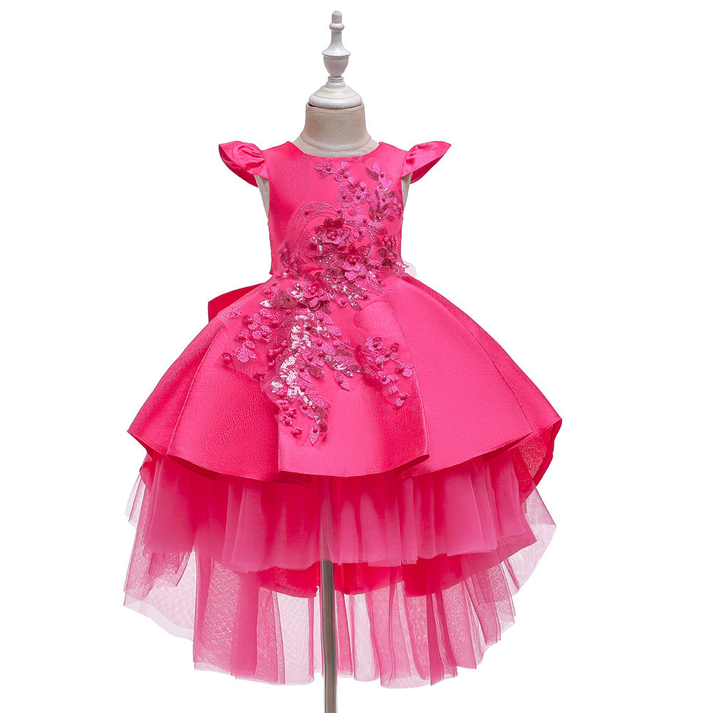 Princess Dress Short-sleeved Embroidery Tail Piano Performance Costume Wedding Flower Girl Skirt Dress