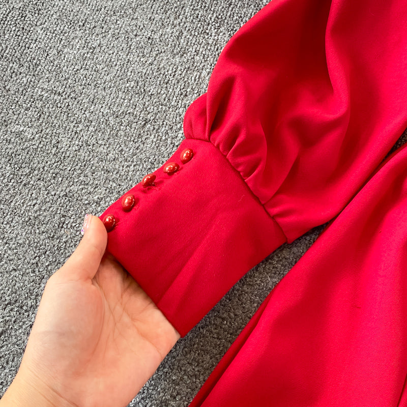 Long High Waist Temperament Bubble Sleeve Slit Red Square Neck Dress