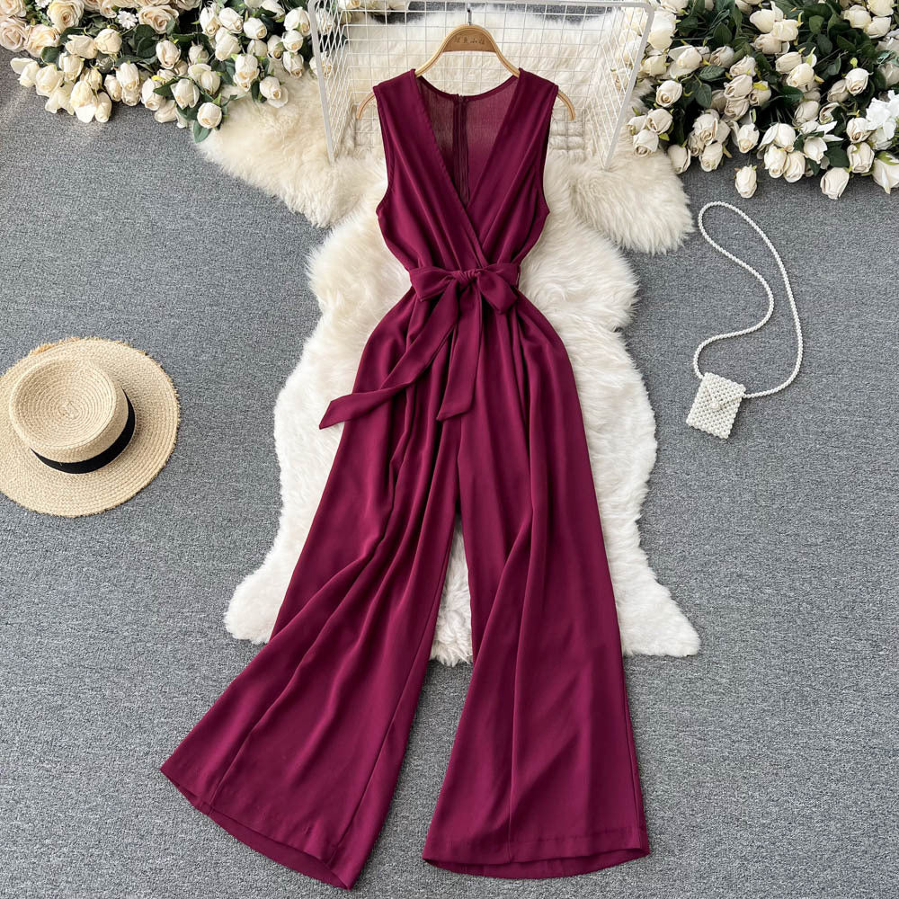 Fashionable Ladies Temperament V-neck Sleeveless Jumpsuit With Waist