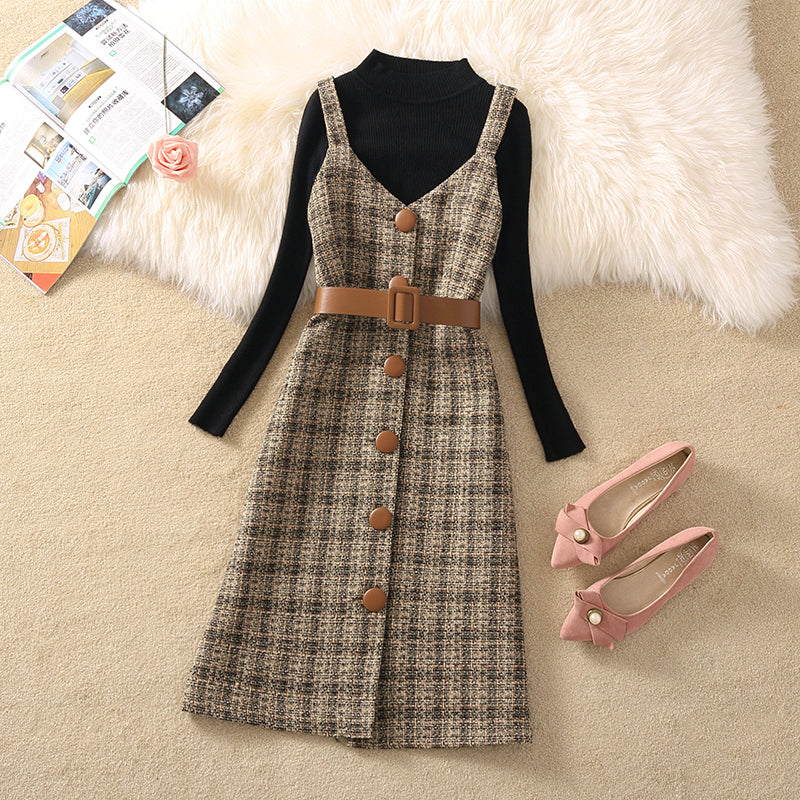 Women's Temperament Retro Plaid Dress Two Piece