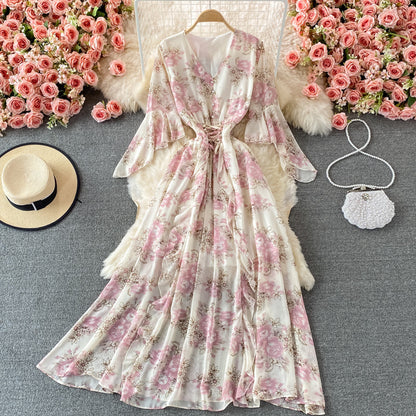 Women's Fashionable V-neck Floral Chiffon Dress