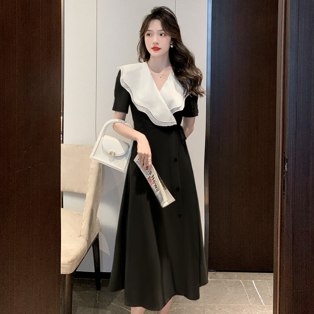 Summer New Style High Sense Temperament Waist-controlled Slimming Fairy Lady Skirt Long Lapel French Retro Dress For Women