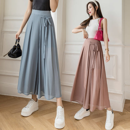 Pleated Chiffon Cropped Elastic Waist Casual Pants Pantskirt