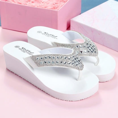 Slippers, Rhinestones Rubber Sole Beach Slope With Flip-flops