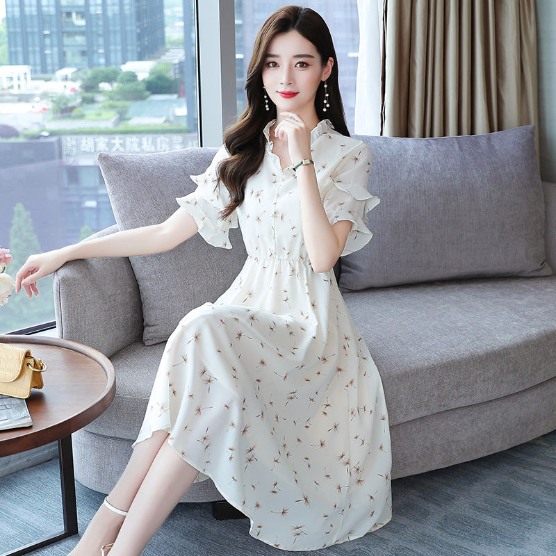 Women's Floral Dress Korean-style Waist Trimming Short-sleeved Chiffon