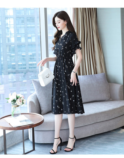 Women's Floral Dress Korean-style Waist Trimming Short-sleeved Chiffon