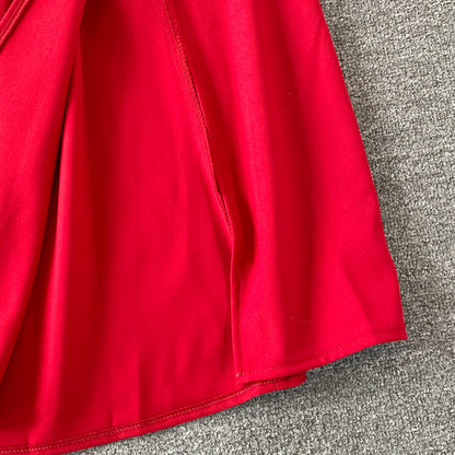 Long High Waist Temperament Bubble Sleeve Slit Red Square Neck Dress