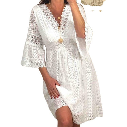 Decorative Border Lace Dress V Neck