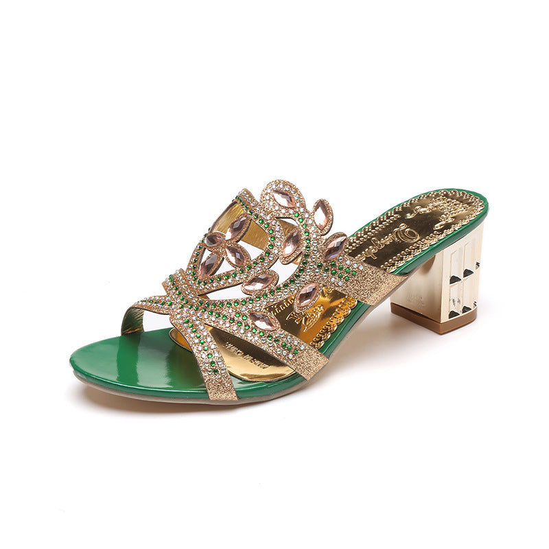 Rhinestone Chunky Heel Hollow Out Ladies' Sandals