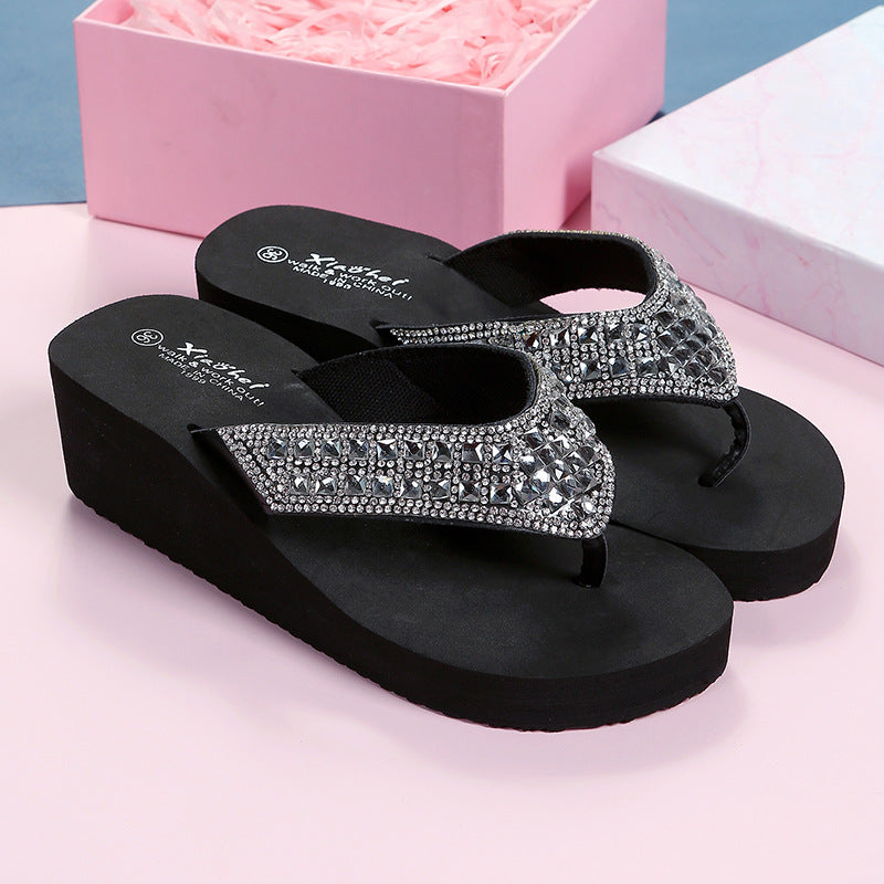 Slippers, Rhinestones Rubber Sole Beach Slope With Flip-flops