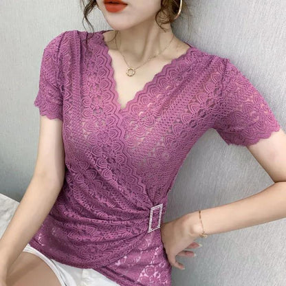 V-neck Lace Bottoming Women's New Trendy Short-sleeved Blouse