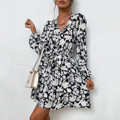 V-neck Long-sleeved Printed Dress For Women