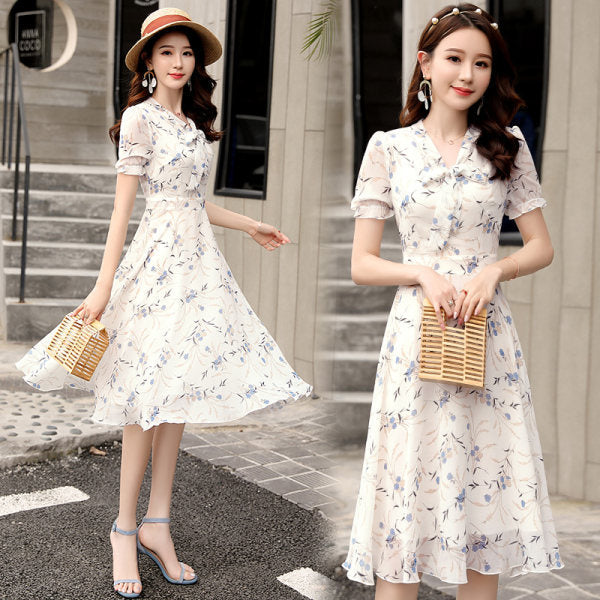 Thai Style Fashionable Printed Short Sleeve V-neck Elegant Dress Cinched Plus Size A- Line Skirt