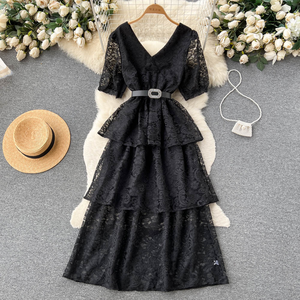 V Neck Dress With Lace Up Waist For Women