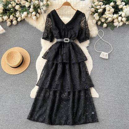 V Neck Dress With Lace Up Waist For Women