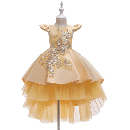 Princess Dress Short-sleeved Embroidery Tail Piano Performance Costume Wedding Flower Girl Skirt Dress