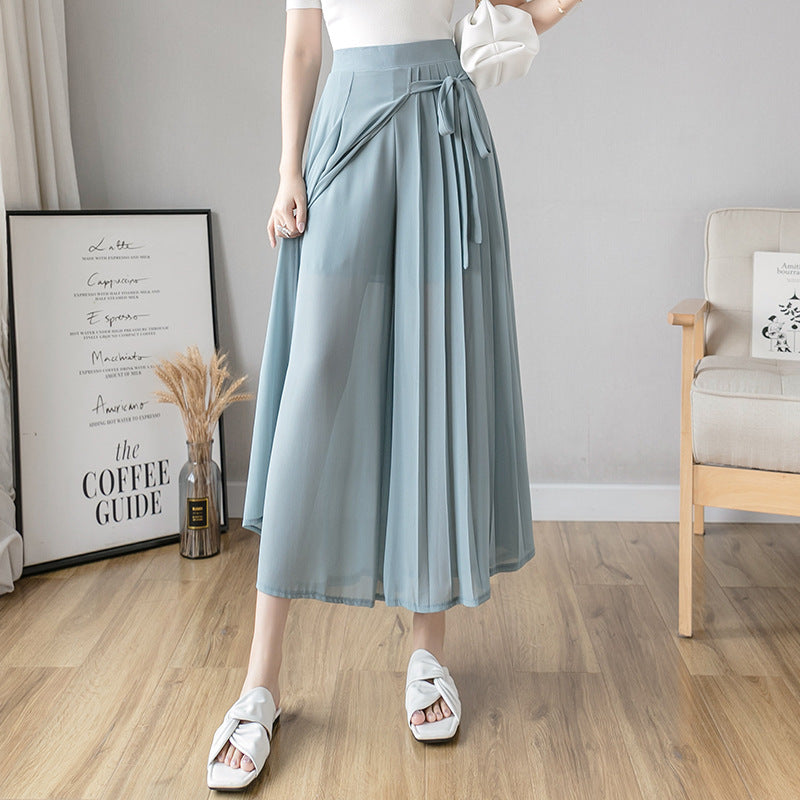 Pleated Chiffon Cropped Elastic Waist Casual Pants Pantskirt