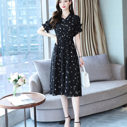 Women's Floral Dress Korean-style Waist Trimming Short-sleeved Chiffon