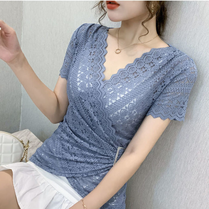 V-neck Lace Bottoming Women's New Trendy Short-sleeved Blouse