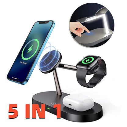 Multifunctional Five-In-One Magnetic Wireless Charging Watch Headset Desktop Mobile Phone Holder Charger 15W Fast Charge