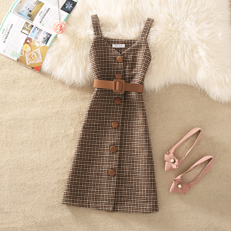 Women's Temperament Retro Plaid Dress Two Piece