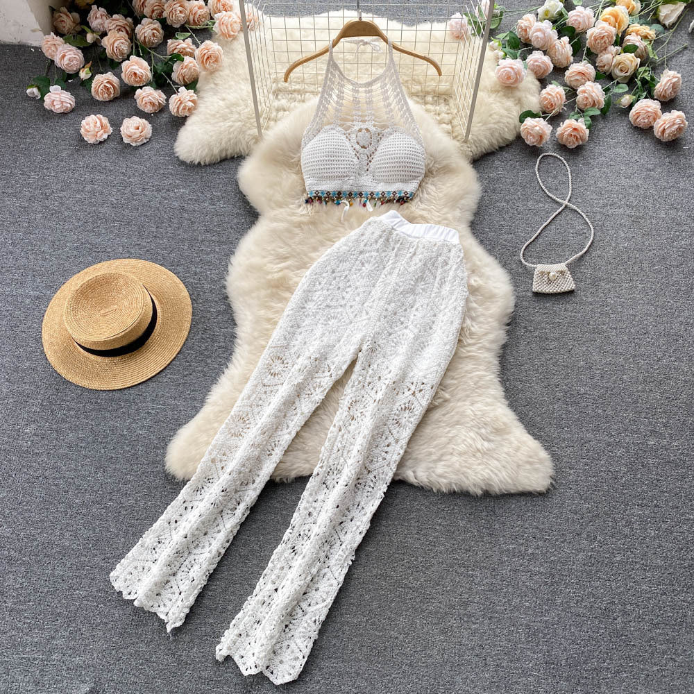 Ladies Summer Suit High Waist Hollow Trousers Two Piece Set