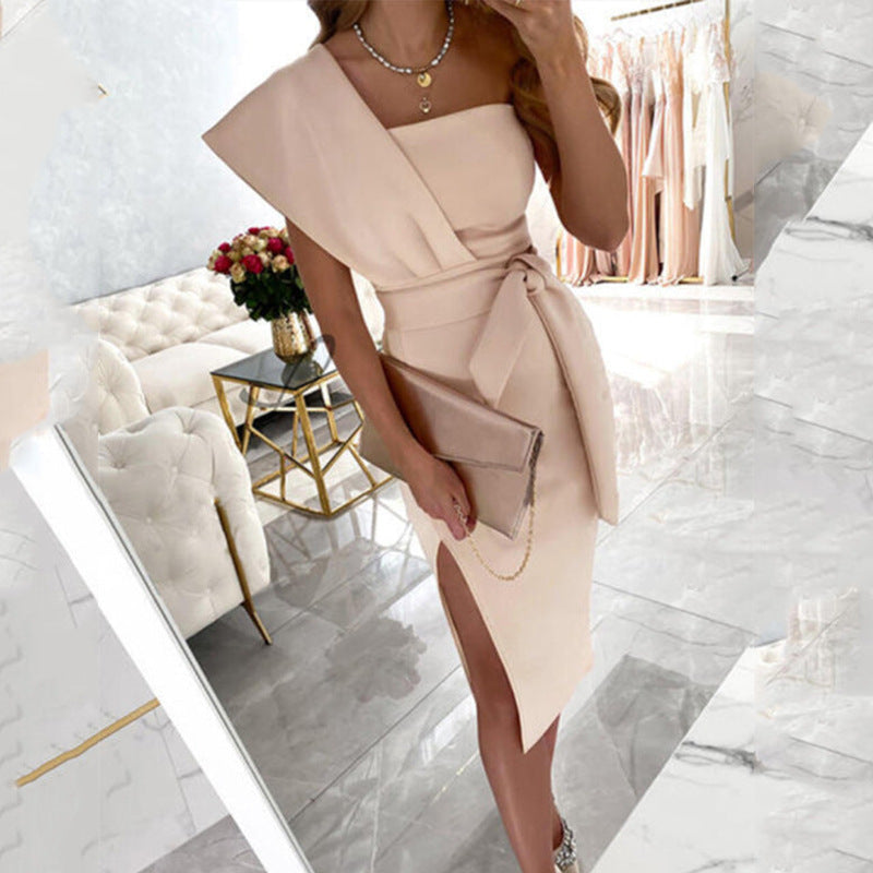 Slanted Shoulder Mid-length Solid Color Dress