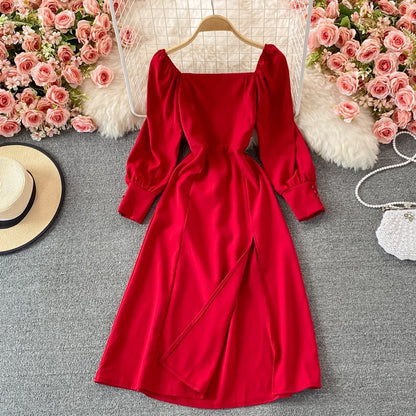 Long High Waist Temperament Bubble Sleeve Slit Red Square Neck Dress